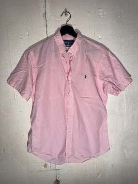 Polo Ralph Lauren Men's Pink and White Striped Seersucker Short Sleeve Button Do